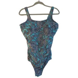 LAND'S END Geometric Floral Print One Piece Swimsuit Stretch Vacation Size 12DDD